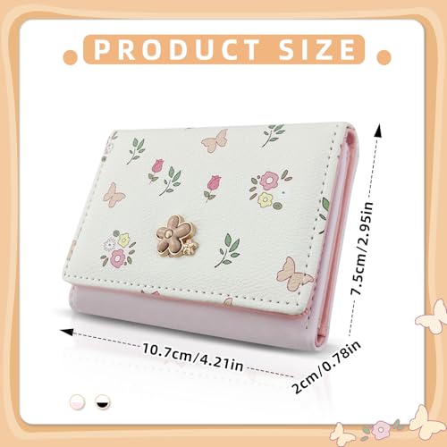Cute Card Holder Wallet, Flower Button & Butterflies Print Card Wallets for Women, Elegant Youthful PU Short Women's Wallet with ID Window for Travel, Shopping (pink)2