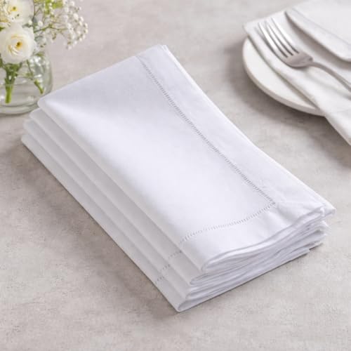 Fennco Styles Classic Solid Color Hemstitch Border Table Napkins for Dining Table, Banquet, Wedding, Family Dinner, White, 22 x22 Inch - Set of 4