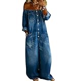 Mono Vaquero de Corte Holgado para Mujer, Mono Sexy de Manga Larga con Hombros Descubiertos y Botones, Mono Vaquero de Pierna Ancha, Mameluco Largo de Mezclilla,Dark Blue,M