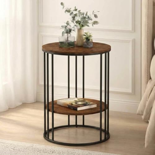 Image of Al Hama Round Coffee Table Sofa Side Accent End Table with Engineered Wood top and Black Metal Frame for Living Room (Black Brown)