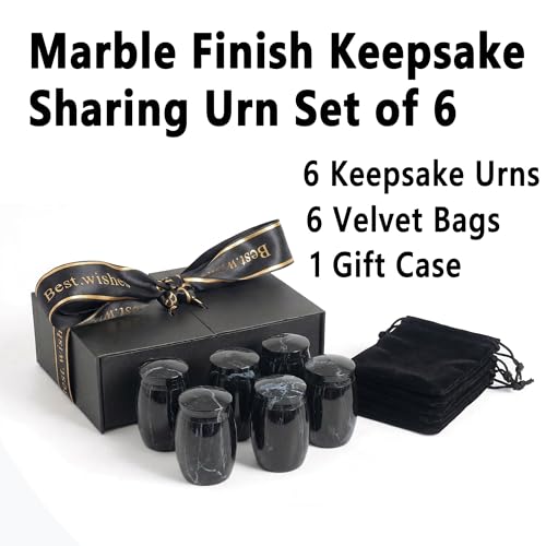 Image of Black Small Marble Finish Keepsake Urn for Human Ashes Set of 6 | Mini Metal Cremation Urn for Human or Pet Ashes - Small Memorial Urns with Velvet Bag - A Perfect Tribute & Gift for Families