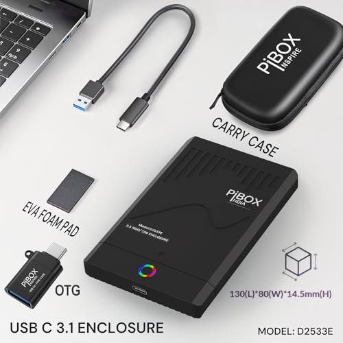 Image of PiBOX 2.5 inch Hard Drive Enclosure RGB LED Type C with OTG Adapter - Retro Casette, PiBOX India 6Gbps USB 3.1 to SATA III Tool-Free External Hard Drive Enclosure for 7mm /9.5mm SSD Laptop HDD UASP