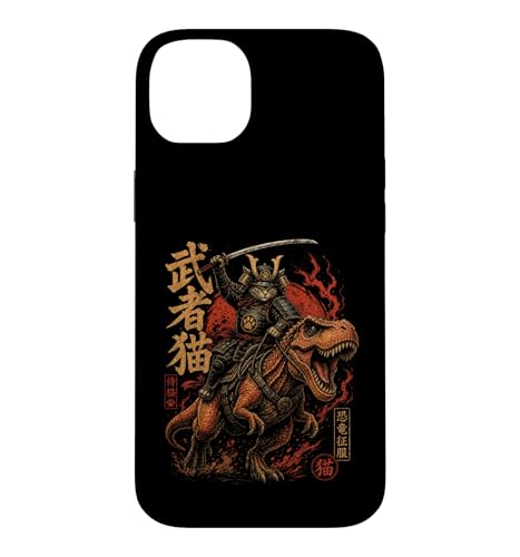 Image of Samurai Cat Riding a T-Rex Warrior Case for iPhone 14 Plus