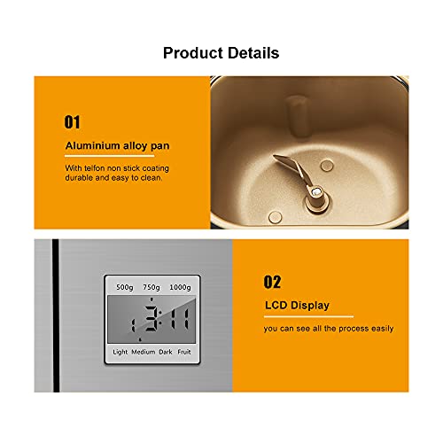 Brotbackautomat Nuss Spender Edelstahl Brotbackmaschine Backautomat BrotbäCker Brotbackautomaten Bread Maker Automatischer Nussspender FüR Die KüChe Zu Hause Beim Camping Usw 19Programme 650Watt – Bild 4