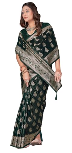 ASIAN CURVES Soft Original Banarasi Satin Silk saree with Unstitched blouse piece (Dark green)