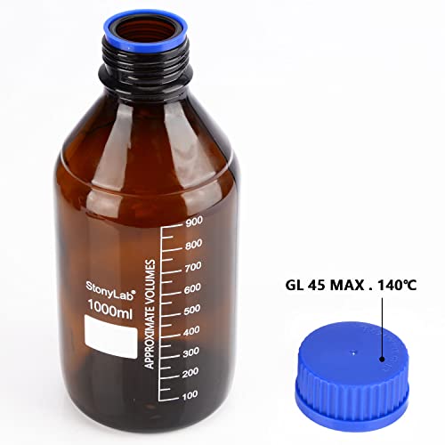 stonylab Storage Bottles with GL45 Screw Cap, 1000 ml Amber Borosilicate Glass Graduated Round Storage Bottle for Lab Reagent Media Storage Bottles with Blue Screw Cap, 1 Pack