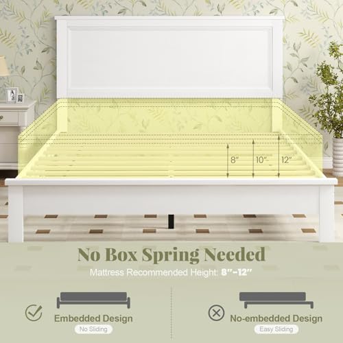 Image of GIANTEX Wood Queen Platform Bed Frame with Headboard, Mid Century Bed Frame with Solid Wood Legs & Wooden Slat Support, No Box Spring Needed, White Bed