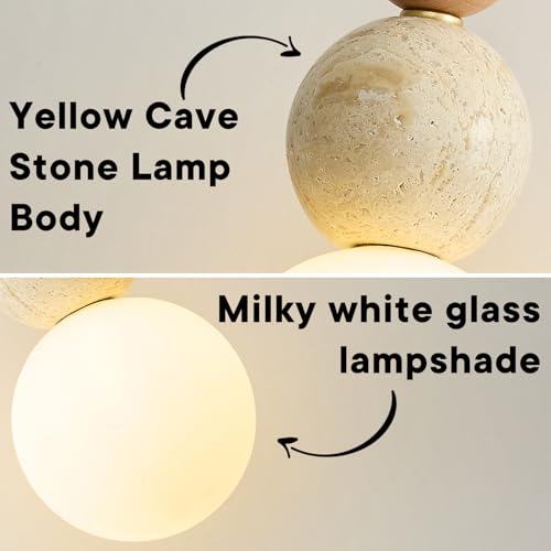 Natural Travertine Pendant Light Kitchen Island, Wabi Sabi Pendant Light Fixture with 3-Globe, Japanese Stone & Wood Hanging Lamp for Dining Room Bedroom Bedside Living Room Corridor by eccuslon - Used condition - Image 3
