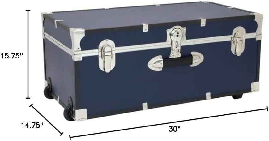 Rustic Romance Heavy Duty 30" Under Bed College Storage Trunk with Lock, Latch Closure Type, 15.75" D x 30" W x 12.25" H, Ideal Camp Dorm Room Trunk Footlocker Navy Blue