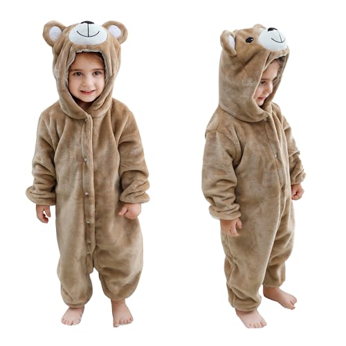 COOKY.D Grenouillère Bébé Unisexe en Flanelle Fermeture à Boutons Pression Tenue Confortable pour Nouveau-Né,Ours Kaki 12-18 Mois