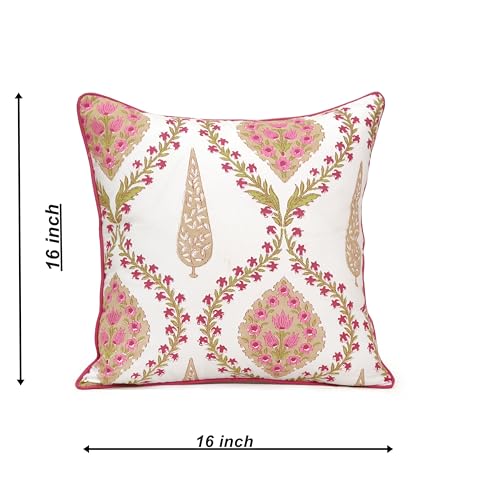 Image of Cotton Cushion Covers 16x16 Inch - Hand Block Floral Print Pillow Covers for Sofa, Couch & Bedroom (Pack of 5) (Marron & White)