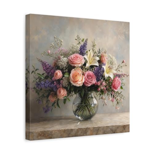 Toile florale rose 35x35 cm pour habiller un mur vide au-dessus du canapé