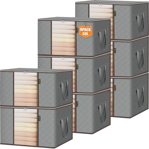 BALEINE 8 Pack Clothes Storage Bags, 16 Gallon Storage Containers with Reinforced Handle, Sturdy Zipper, Closet Organizer for Blanket, Comforter, Pillow, Bedding (Grey, 8 Pack)