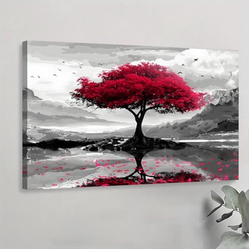 Peinture murale Arbre de vie rouge entoilée de haute qualité avec cadre pour chambre
