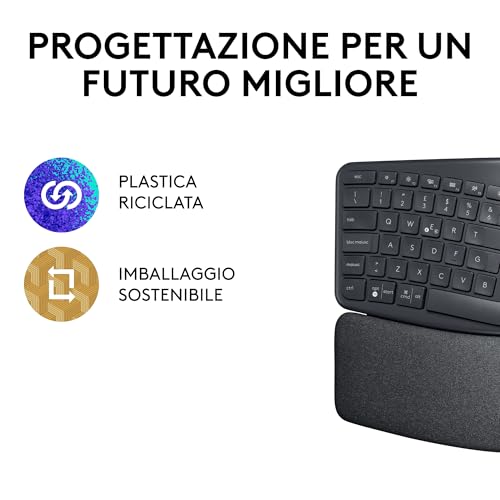 Logitech ERGO K860 Wireless Split Keyboard - Tastiera Ergonomica Wireless, Poggiapolsi, Connettività Bluetooth e USB, Compatibile con Windows e Mac, Layout Italiano ‎QWERTY - Grigio - 12