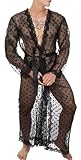 Ausing Mens Soft Lace Robe Sex Mesh Bathrobes Adult Sissy Sleepwear Floral Short Sleeve Suit Light Black S