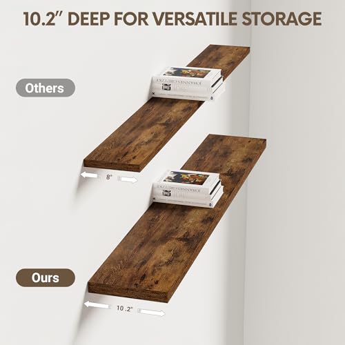 Vivelove 10 Inch Deep Floating Shelves 48 inch Long, 47.2 x 10 Wide Wall Shelves with Invisible Brackets, for Bedroom Bathroom Living Room Kitchen Office, Farmhouse Home Decor, Set of 2, Rustic Brown by Vivelove - Used condition - Image 3