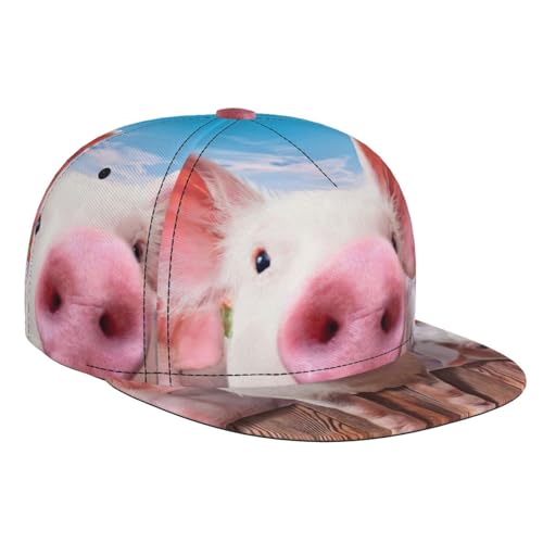 Gorra de béisbol negra de visera plana ajustable con estampado de cerdo para deporte y exterior