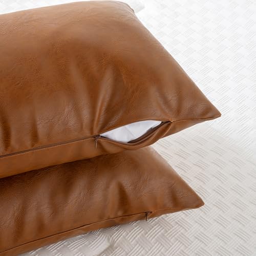 Image of Fancy Homi Brown Boho Long Lumbar Faux Leather Body Decorative Throw Pillow Cover 14x36 Inch for Bedroom Couch Bed Bench, Thick Stylish Solid Rectangle Pillowcase, Rustic Modern Farmhouse Room Decor