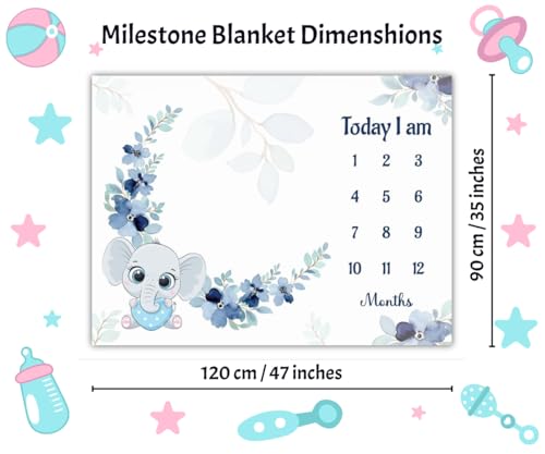 Image of Baby Monthly Milestone Blanket | 1-12 Months | Soft All-Season AC Blanket | Ideal for Newborn Boys & Girls | Perfect Growth Tracker & Photoshoot Prop with Floral Elephant | 120x90 cm