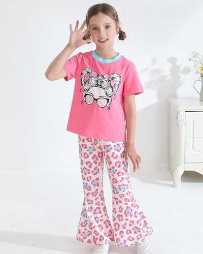 Image of CARETOO Girls Summer Outfit Poster Girl Matching Sister 2pcs Sets Printed t-Shirt + Flare Leg Pants For 3-10 Years