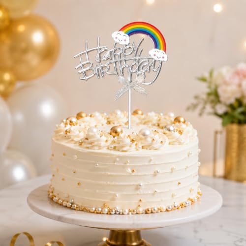 Image of Wanna Party Happy Birthday Rainbow Cake Topper, Silver Script Design with Cloud Rainbow & Bow, Birthday Cake Decoration Pick for Kids, Adults, Party Cakes & Dessert Table - 1PC