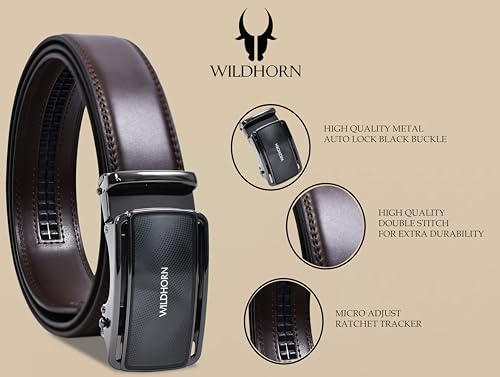 Image of WildHorn Men's Leather Belt Gift Set | Genuine Leather belt Strap with 2 Interchangeable Buckles | Formal & Casual Wear Adjustable Belt | Automatic lock leather belt for men