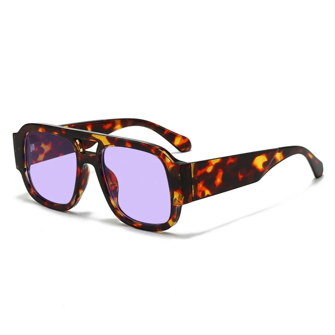 Lunettes de soleil rétro de qualité supérieure à double pont géométrique violet léopard - 7