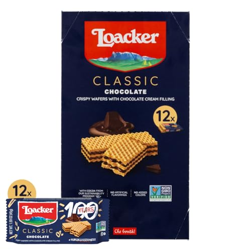 Loacker Classic Chocolate Wafers - Premium Crispy Wafer Cookies with Chocolate Cream Filling - Multipack of 12 Snack Packs - NON-GMO - Sustainably Sourced Cocoa - 45g/1.59oz, Pack of 12