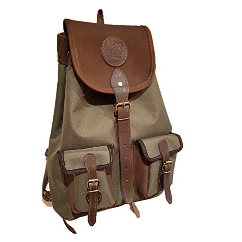 Mochila de Caza en Lona Verde con Tapeta en Piel marrón.Medidas 41x37x16