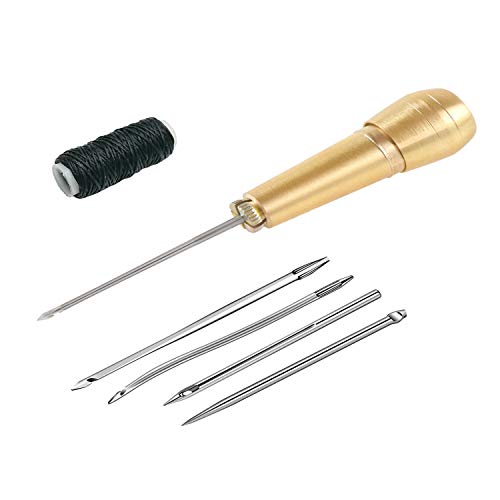 MFDSJ 4 Pcs Copper Handle Sewing Awl Needle with 12 Meters Leather Wax Cord for DIY Sewing Repairing Canvas Leather