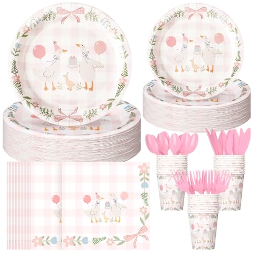 Havawish 175pcs One Silly Goose Birthday Party Tableware Set for 25 Guests - Pink Bow Decor - Includes Plates, Cups, Napkins, Forks, Spoons, Knives