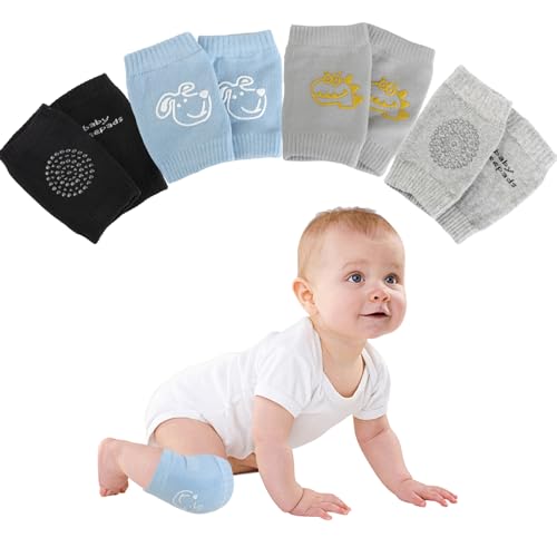 JRILUO - Lot de 4 paires de genouillères bébé 4 pattes, Protection genoux enfant en coton doux, adaptées de 0 à 24 mois, genouillères bébé antidérapantes pour garçon et fille