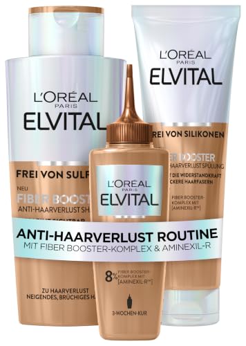 LOréal Paris Fiber Booster Anti-Haarverlust Routine langes Haar Shampoo Spülung & Serum für volleres Haar Gegen Haarausfall Weniger Haarbruch Elvital Shampoo + Serum + Spülung