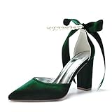 Women's Pearl Emerald Green Wedding Shoes for Bride High Heels Pointed Toe Bridal Shoes Satin Block Heels Prom Party Dress Pumps Sandals 132-9 Size 9