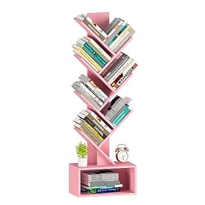 Yoobure Tree Bookshelf – 6 Shelf Retro Floor Standing Bookcase, Tall Wood Book Storage Rack for CDs/Movies/Books, Utility Book Organizer Shelves for Bedroom, Living Room, Home Office Pink