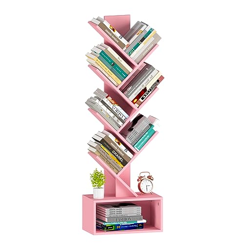 Yoobure Tree Bookshelf – 6 Shelf Retro Floor Standing Bookcase, Tall Wood Book Storage Rack for CDs/Movies/Books, Utility Book Organizer Shelves for Bedroom, Living Room, Home Office Pink