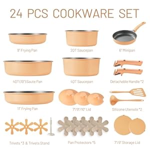 Carote 24pcs pots and pans set non stick nonstick cookware set ovendishwasherfridge safe pots and pans rv safe cookware induction kitchen gift set detachable handle peach  urban country home decor