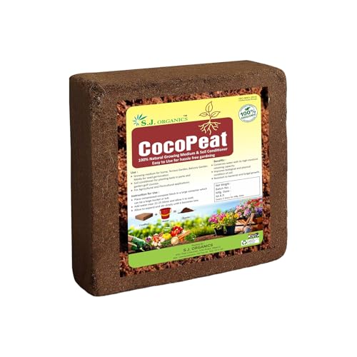 SJ Organics - Cocopeat Block 5 Kg | Natural Coconut Coir Fibres | Organic Fertilizer for Home Gardening and Potted Plants (Pack of 1 5 kg)