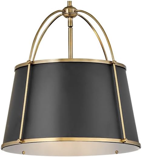 Hinkley Clarke Large Drum Pendant, Black Metal Shade, 1-6" and 2-12" Down Rods, Even or Sloped Ceilings, Warm Brass Finish