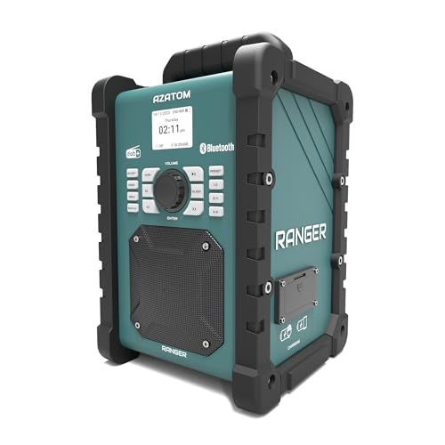 AZATOM RANGER Portable DAB/FM Radio with Bluetooth | Rechargeable Battery | Compatible with Makita/Dewalt 18V plug in battery | IPX 5 Dust and Water Resistent | Powerful 30 Watts | Jobsite Works Radio