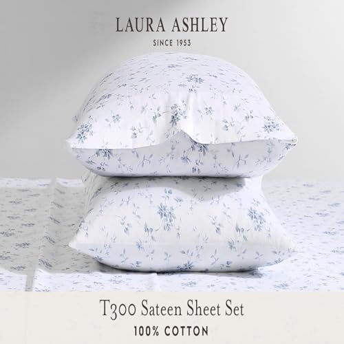 Image of Laura Ashley - Queen Sheets, Soft Sateen Cotton Bedding Set - Sleek, Smooth, & Breathable Home Decor (Lorelei Dark Blue, Queen)