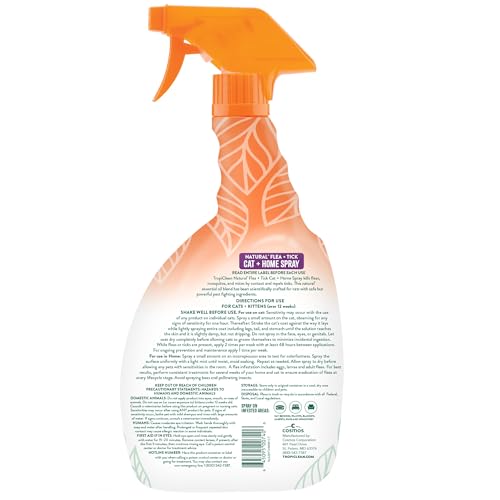 Image of TropiClean Flea and Tick Treatment Spray for Cats & Home, Safely Treat, Prevent & Control by Contact, Powerful & Natural Defense, USA Made, 32oz