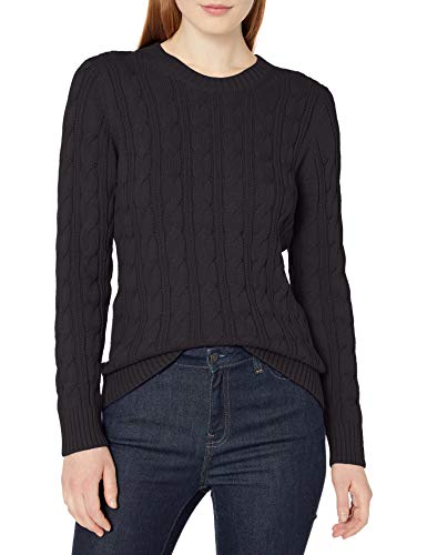 Amazon Essentials Women's Long-Sleeve 100% Cotton Cable Crewneck Sweater, Black, Large
