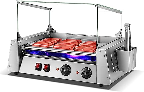 ERoomQ Electric Stainless Steel 7 Rollers Hot Dog Grill, Removable Stainless Steel Drip Tray and Glass Hood Cover, with LED Lights