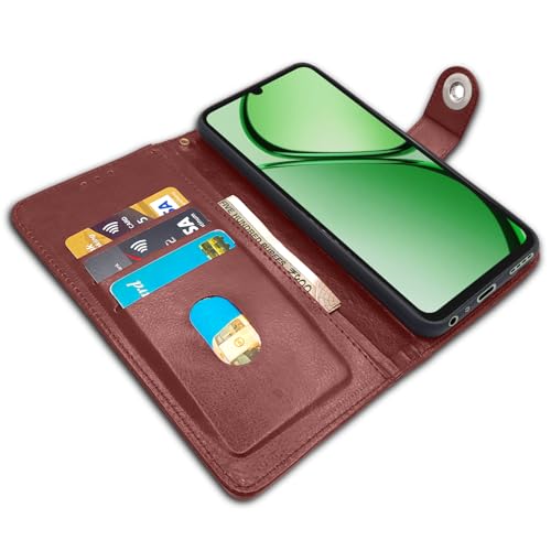 Image of Pikkme Flip Cover Leather Finish | Inside TPU with Card Pockets | Wallet Stand and Shock Proof | Complete Protection Button Flip Case for Realme C63 4G (Brown)