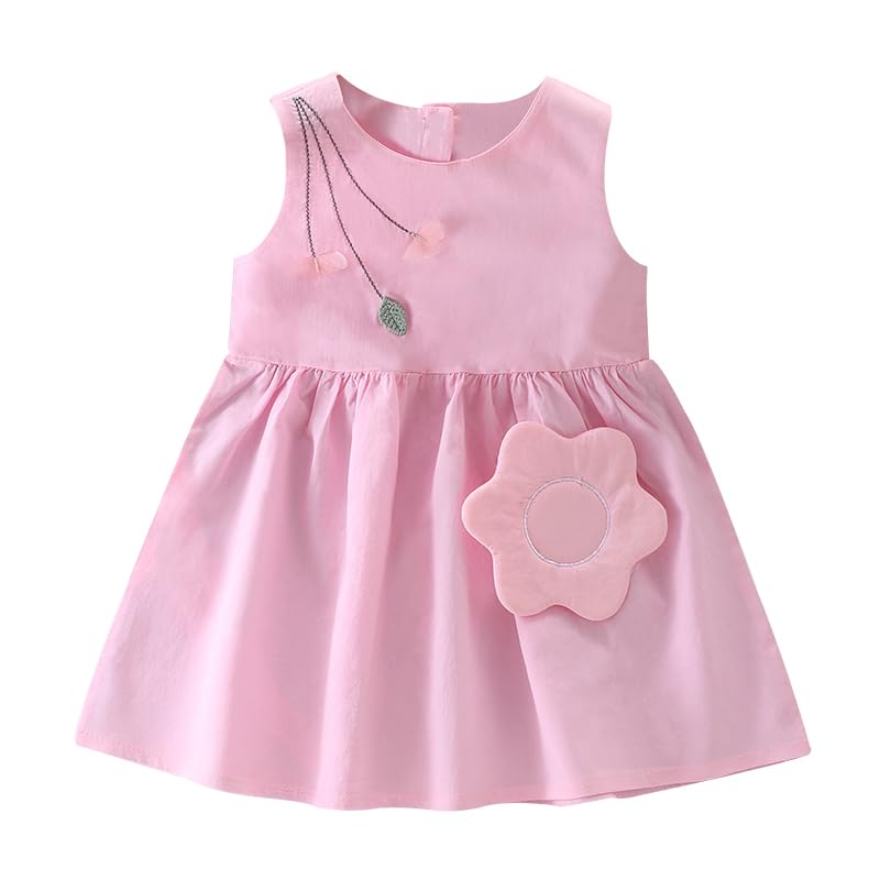 Girls Cotton Sleeveless Dress, Pink Summer Dress with Flower Accent, Embroidered Necklace Design