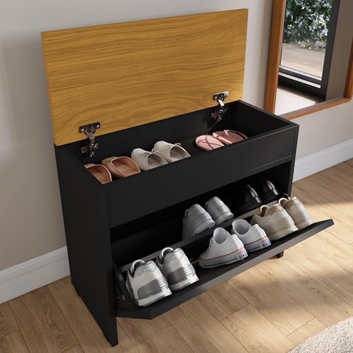 Sapateira Vertical até 9 Pares com Caixa de Armazenamento Embutida Sapateira para Closet com 1 Porta (Preto e Nature)