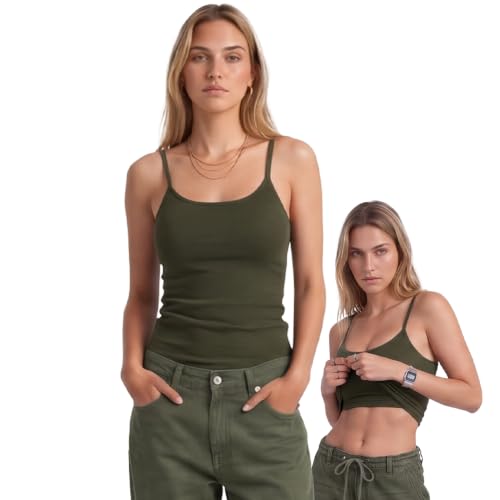 Emmalise Women's Built-in Bra Camisole Wireless Cotton Short Cami Tank, Olive, Small