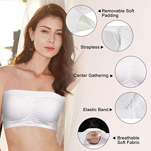 Binacl Strapless Bra, Women's Bandeau Bra, Summer Cool Lined Padded Push Up Invisible Breathable Wirefree Seamless Soft Lingerie Everyday Casual Party Off Shoulder Tops Bra, 3 Pk Black+White+Grey Xl #TOP3
